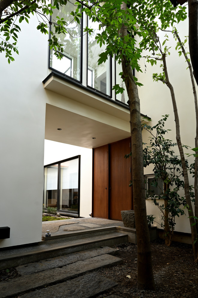 Kleines, Zweistöckiges Einfamilienhaus mit Putzfassade, weißer Fassadenfarbe, Pultdach, Blechdach und grauem Dach in Sonstige