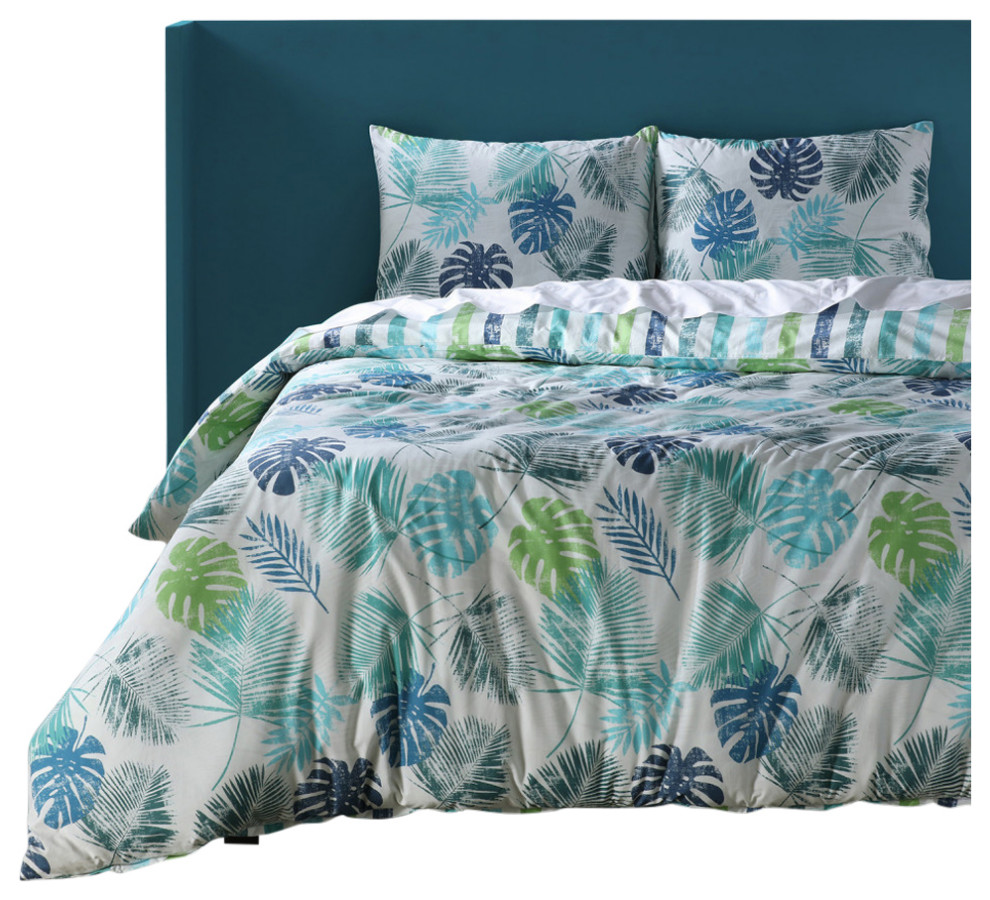 Tiki Teal Cotton Percale Printed Reversible Duvet Cover Set Tropical