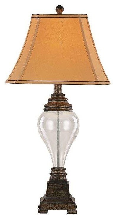 Walnut Clear Table Lamp - Set of 2 with Clear Glass Tea Stain Double Fabric Shad