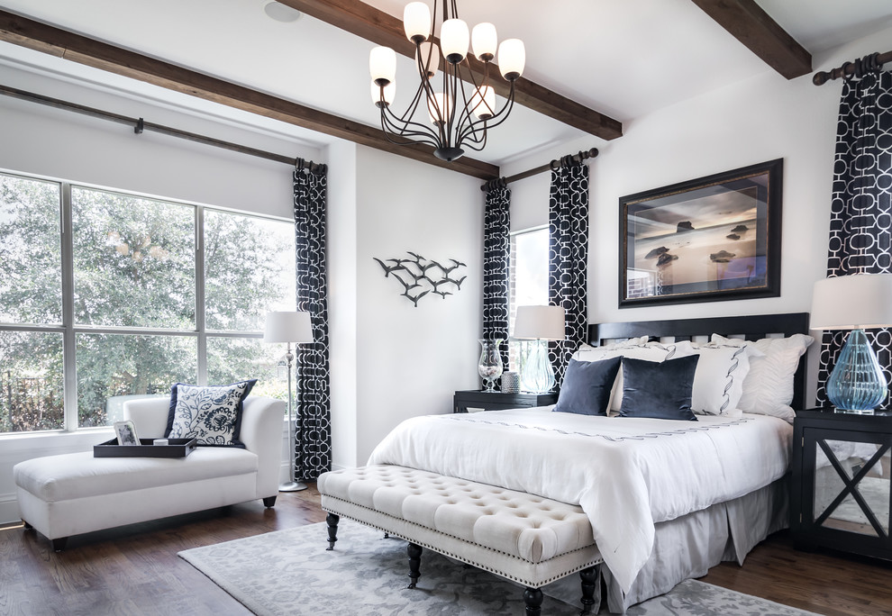 Design ideas for a large master bedroom in Dallas with white walls, dark hardwood floors and black floor.