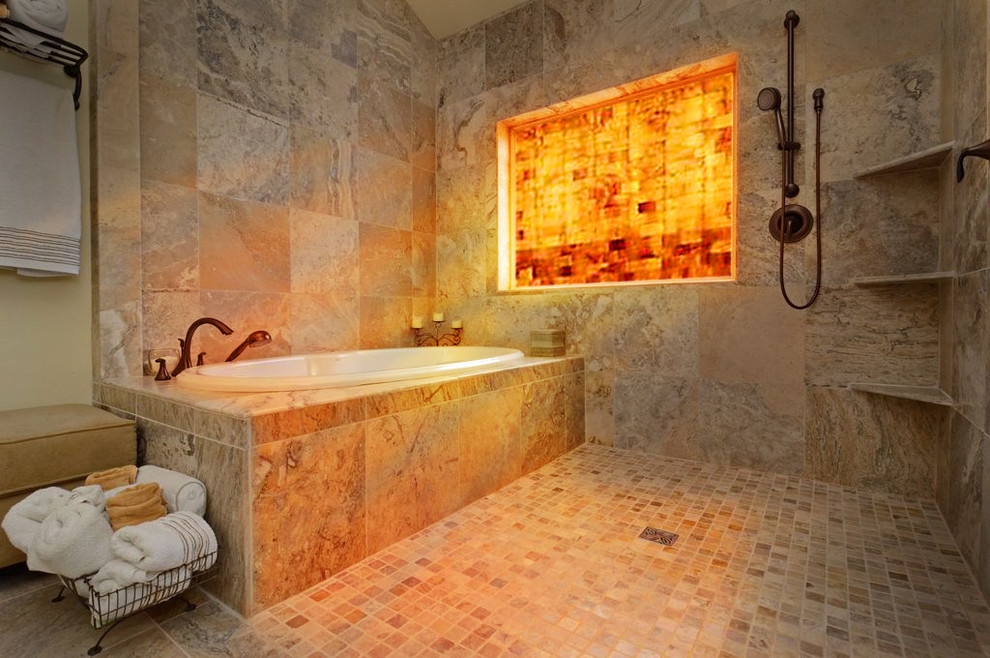 Photo of a mid-sized contemporary bathroom in Other with an alcove tub, a curbless shower, beige tile, travertine, beige walls, travertine floors, beige floor and an open shower.