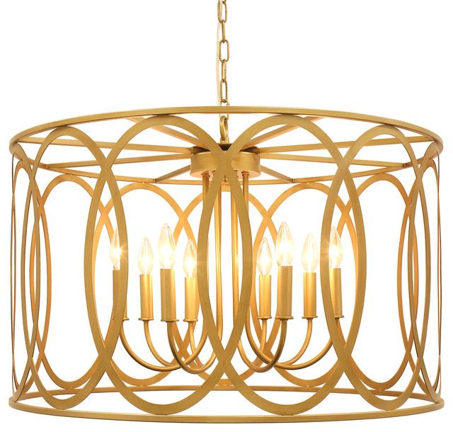 CHATRIE 31" ROUND DISTRESSED GOLD LARGE DRUM PENDANT CHANDELIER
