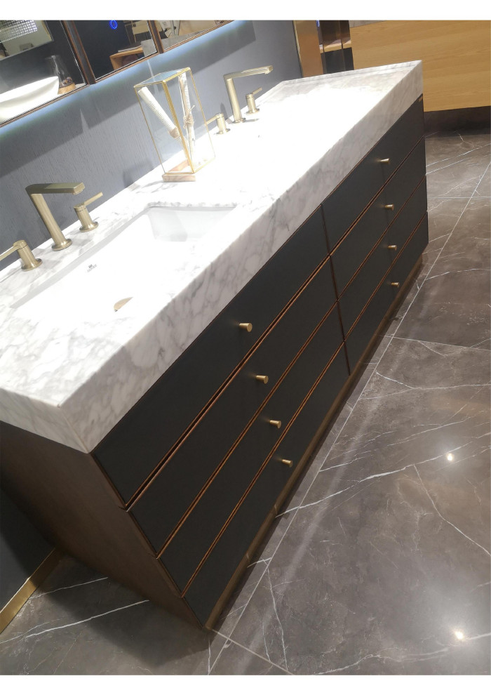 Bathroom - mid-sized modern 3/4 double-sink bathroom idea in Toronto with flat-panel cabinets, gray cabinets, an undermount sink, marble countertops and a freestanding vanity