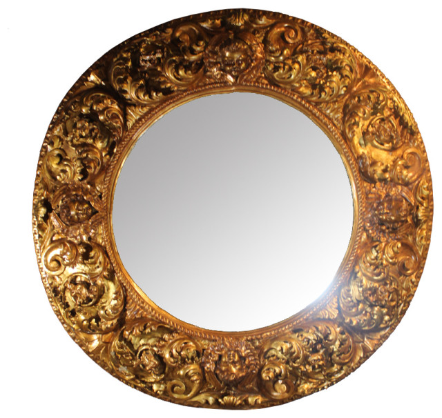 Antique French Round Wall Mirror Carved Wood Gold Frame - Victorian ...