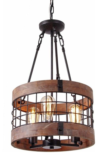 3 Light Industrial Wood Chandelier Circular Wire Cage Pendant Circular Wire Cage Pendant