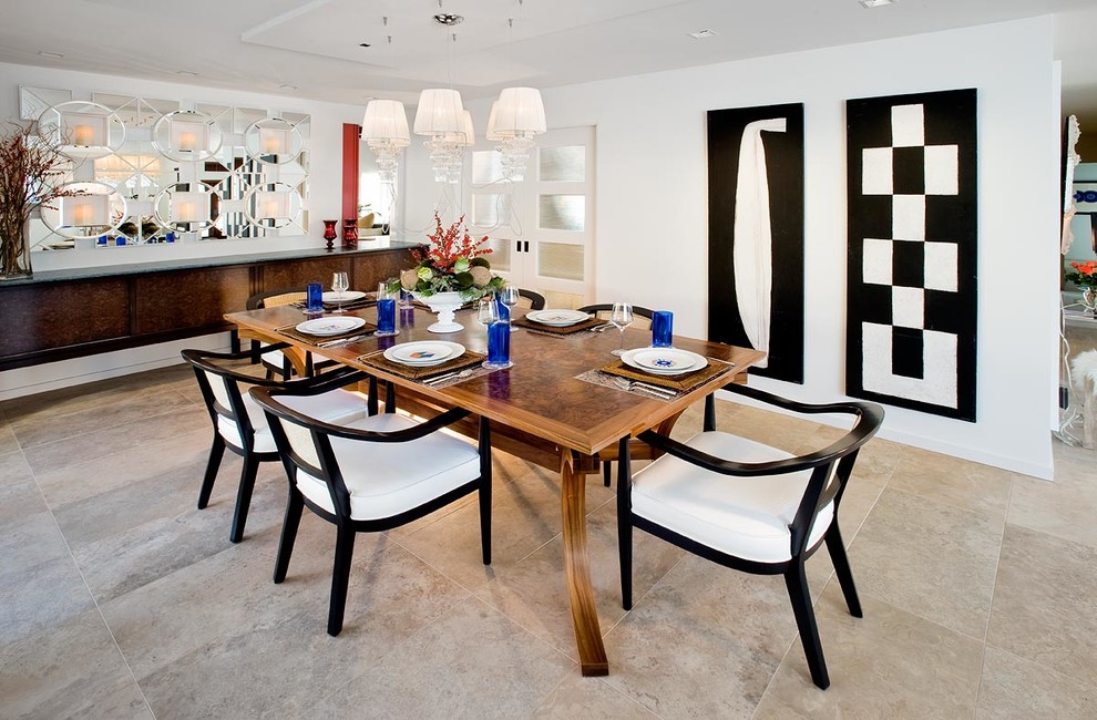Inspiration for a modern dining room in Other with ceramic floors and white walls.