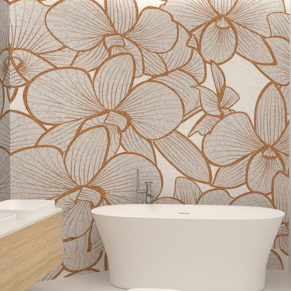 Modernes Badezimmer En Suite mit beigen Schränken, beigen Fliesen, beiger Wandfarbe, weißem Boden und weißer Waschtischplatte in Mailand