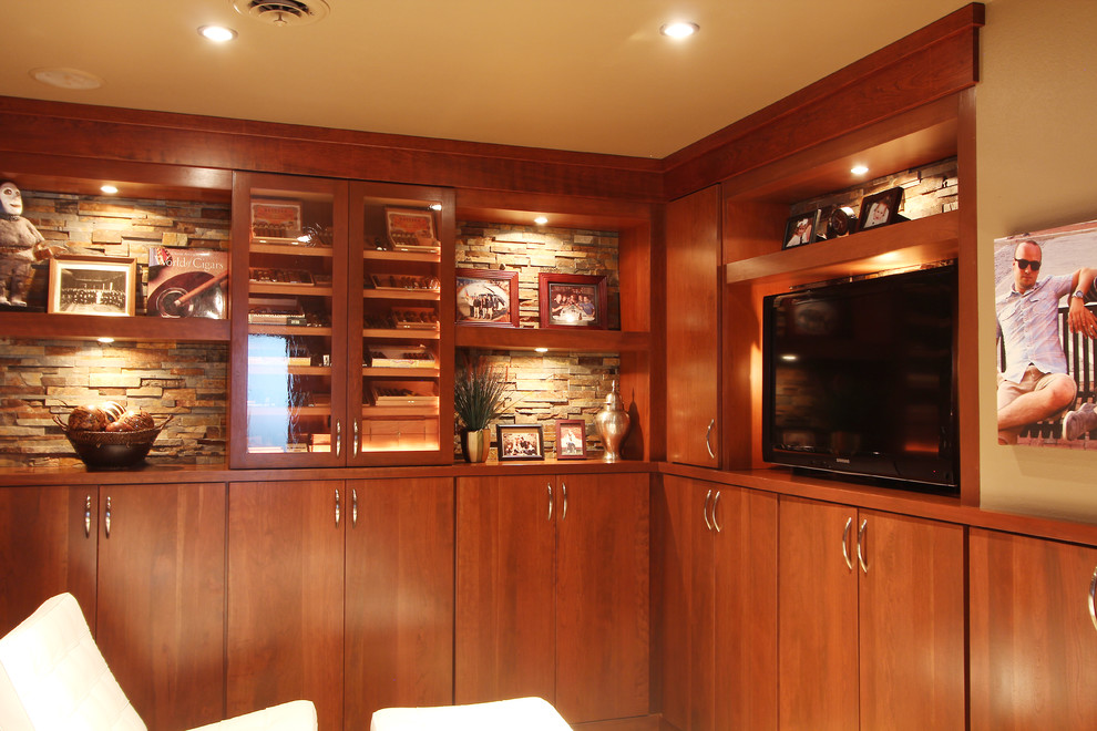 Photo of a small transitional u-shaped home bar in Other with flat-panel cabinets, medium wood cabinets, wood benchtops, multi-coloured splashback, stone tile splashback, slate floors, multi-coloured floor and brown benchtop.