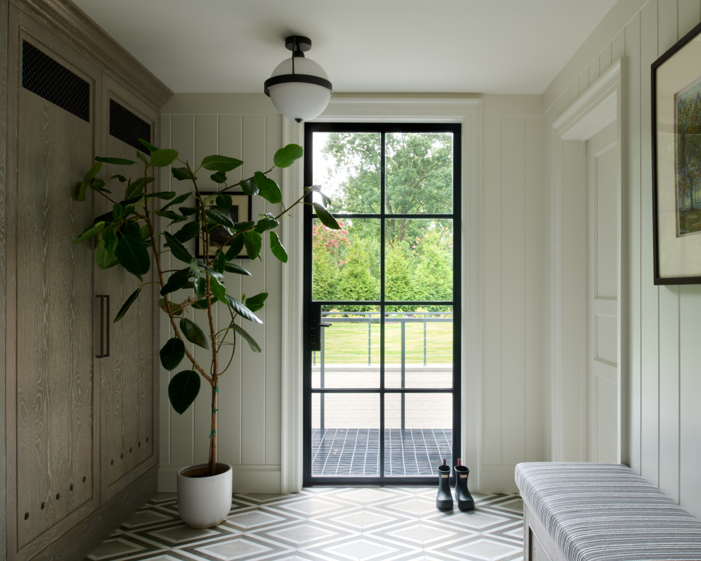 Single front door - transitional beige floor and shiplap wall single front door idea in Philadelphia with white walls and a metal front door