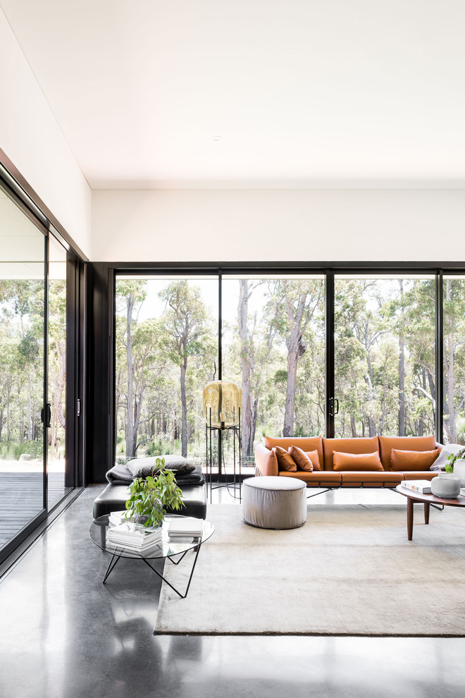 This is an example of a modern living room in Perth with white walls, concrete floors and black floor.