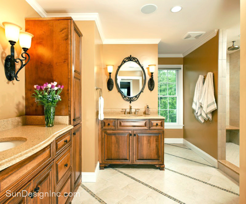 Photo of a traditional master bathroom in DC Metro with an undermount sink, beaded inset cabinets, medium wood cabinets, an open shower and orange walls.