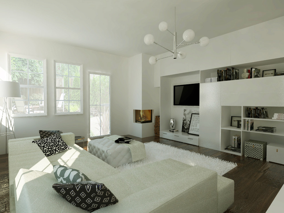This is an example of a modern living room in Boston with white walls, dark hardwood floors, a corner fireplace and a concrete fireplace surround.