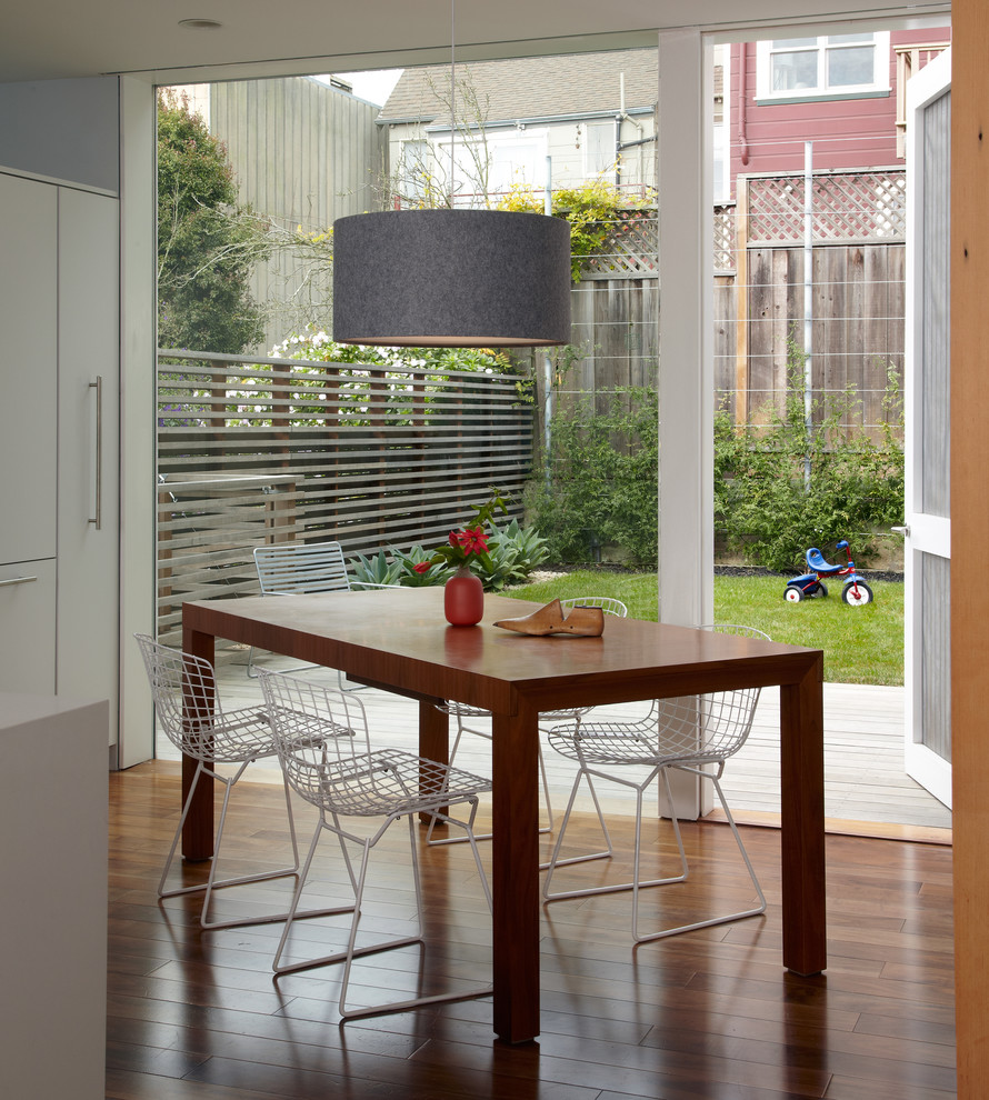 Design ideas for a modern dining room in San Francisco with dark hardwood floors.