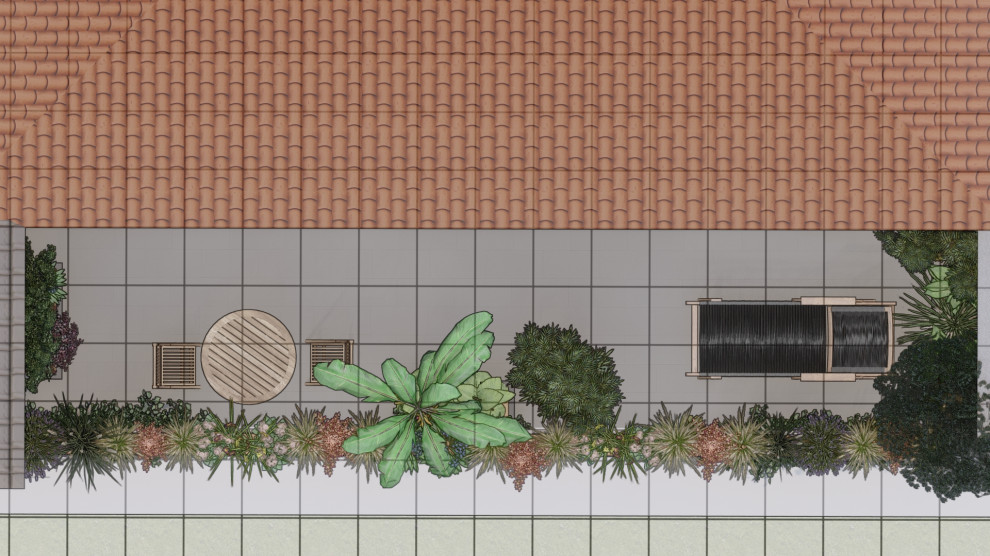Immagine di una piccola terrazza moderna sul tetto e sul tetto con un giardino in vaso, nessuna copertura e parapetto in materiali misti