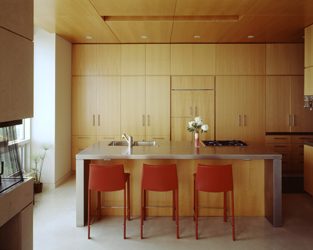 Kitchen And Ceiling Of Beech Wood Veneer Stainless Steel