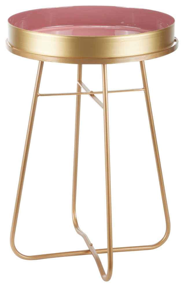 Round Gold Metal Tray Top Side Table With Bright Pink Enamel Inlay, 17