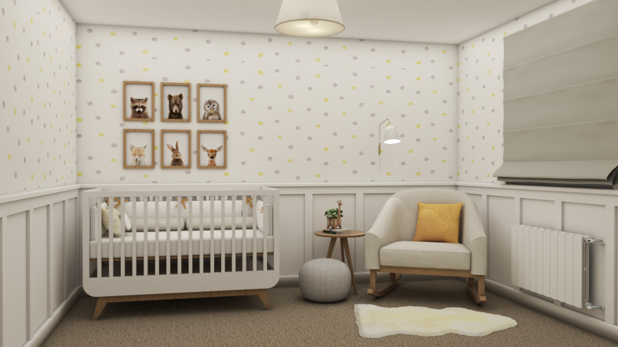 Ejemplo de habitación de bebé niño moderna de tamaño medio con paredes blancas, moqueta, suelo beige y panelado