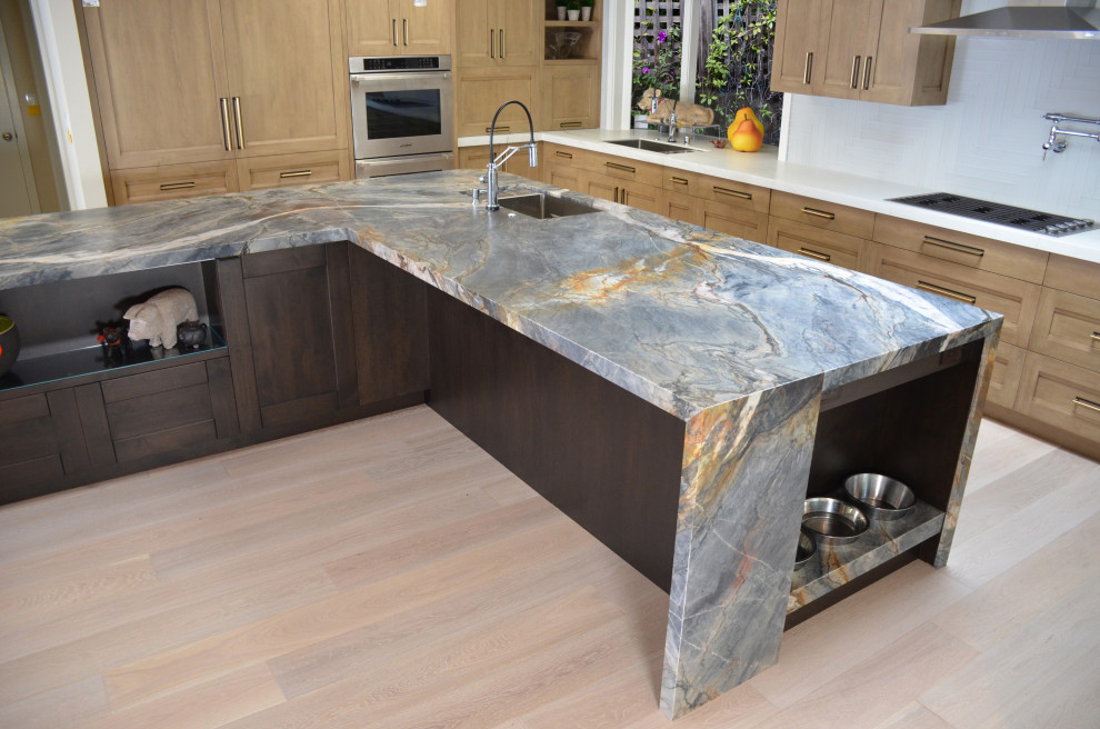 A Island with a recessed dog bowl, Stone Tempest Blue Quartzite