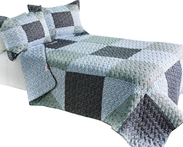 Simple life Cotton 3PC Vermicelli-Quilted Patchwork Quilt Set Full/Queen Size