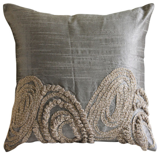 Silver Jute Swirls Silk Throw Pillows Cover, Silver Jute Contemporary Decorative Pillows