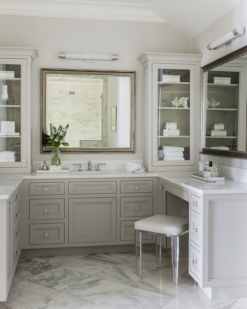 Design ideas for a beach style bathroom in Boston with grey cabinets.