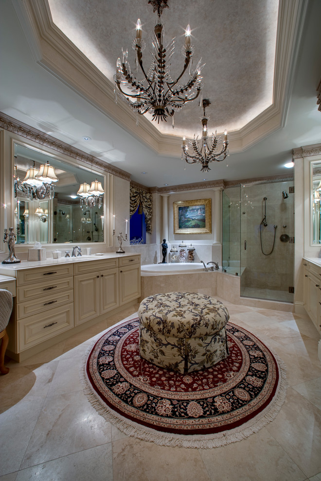 Traditional bathroom in New York with a hinged shower door.