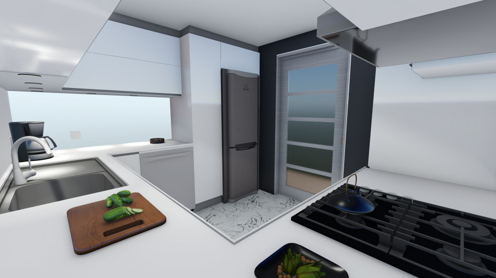 Example of a small trendy u-shaped marble floor and gray floor enclosed kitchen design with solid surface countertops, no island and white countertops