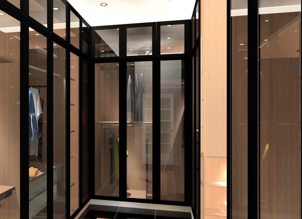 Small modern men's walk-in wardrobe in Other with beaded inset cabinets, light wood cabinets, terra-cotta floors, black floor and recessed.