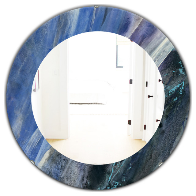 Black Blue Abstract Water Painting Frameless Round Wall Mirror, 32x32 ...