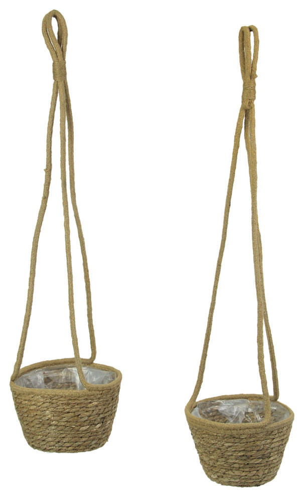 Set of 2 Woven Natural Jute Rope Hanging Planters With Clear Plastic