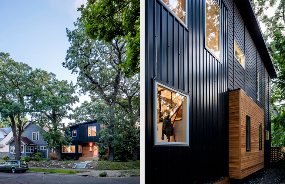Inspiration for a small modern two-storey black house exterior in Minneapolis.