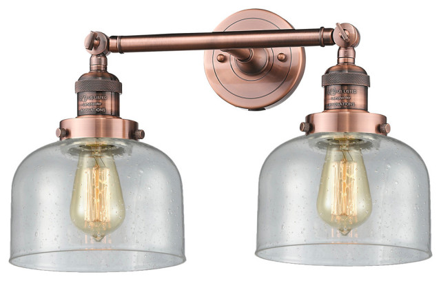 Large Bell 2-Light Bath Fixture, Antique Copper, Glass: Seedy