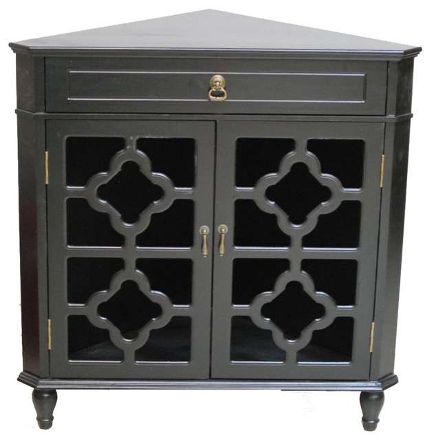Frasera 1-Drawer, 2-Door Corner Cabinet With Quatrefoil Glass Inserts, Black