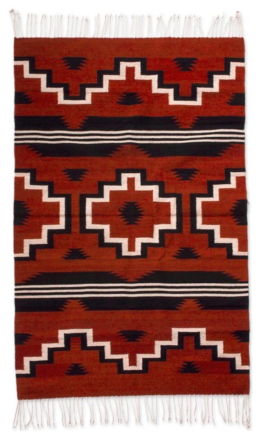 Handmade Red Fire Crosses Zapotec Wool Rug 4x6 Mexico By Novica
