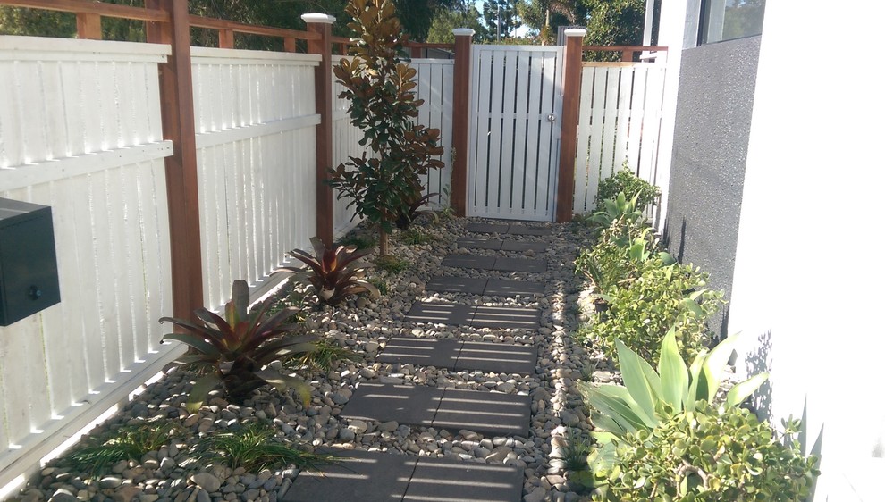 This is an example of a mid-sized and australian native modern front yard shaded formal garden in Gold Coast - Tweed with mulch.