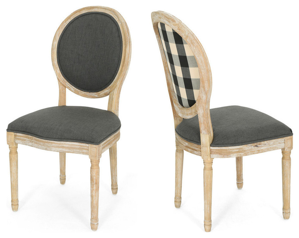 GDF Studio Reed Upholstered Farmhouse Dining Chairs, Set of 2, Dark Gray/Black Checkerboard/Natural