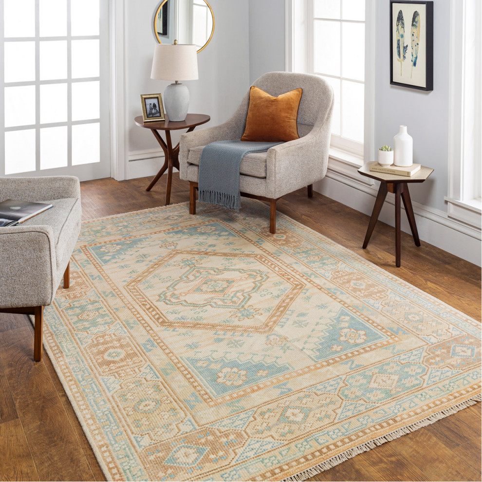 Anadolu Area Rug, Ice Blue/Dusty Coral/Tan/Light Beige/Rose Modern