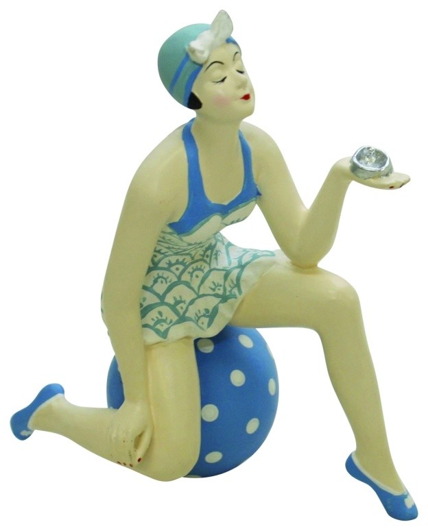 Retro Bathing Beauty Figurine Swim Suit Beach Ball Kneeling Blue White Beach Style