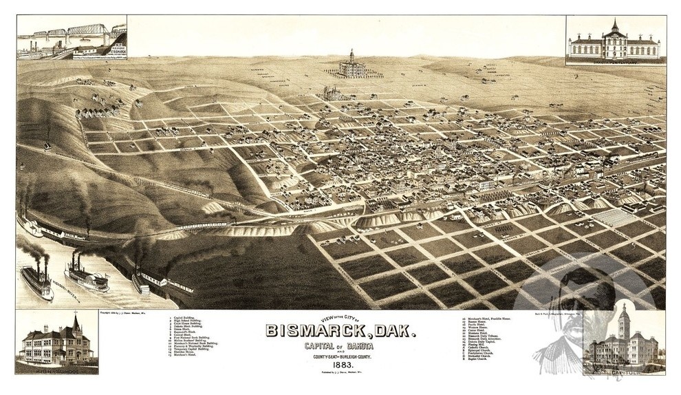 Old Map of Bismarck North Dakota 1883, Vintage Map Art Print, 12"x18" Contemporary Prints