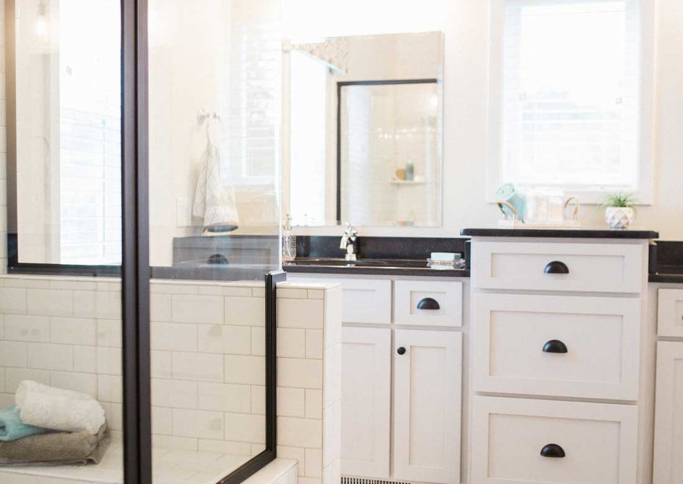 Inspiration for a large transitional master bathroom remodel with shaker cabinets, white cabinets, gray walls and quartzite countertops