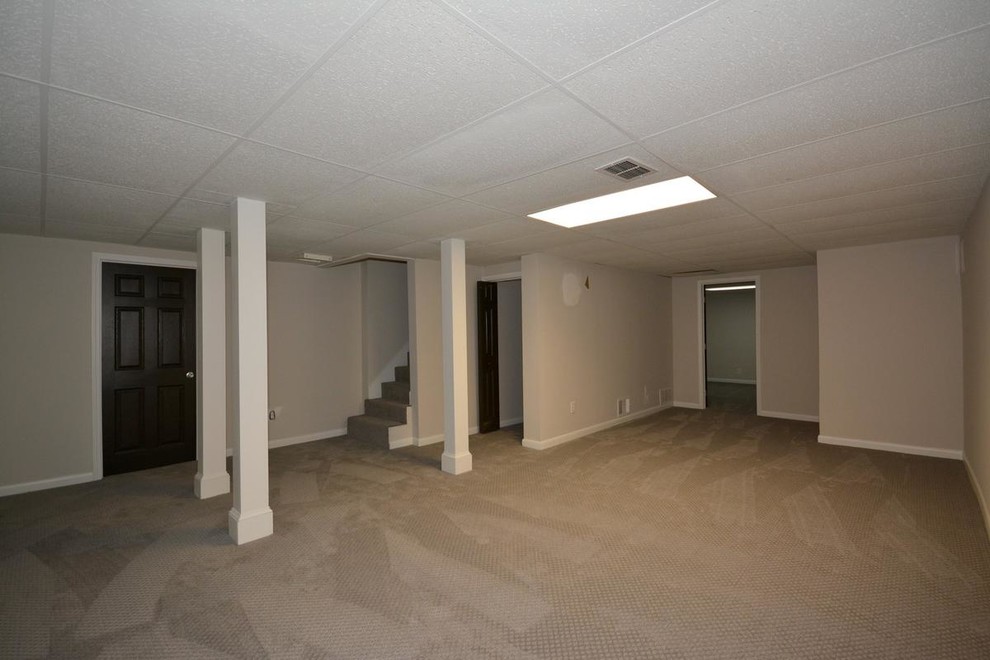 Inspiration for a mid-sized transitional fully buried basement in Atlanta with carpet, no fireplace, beige floor and beige walls.