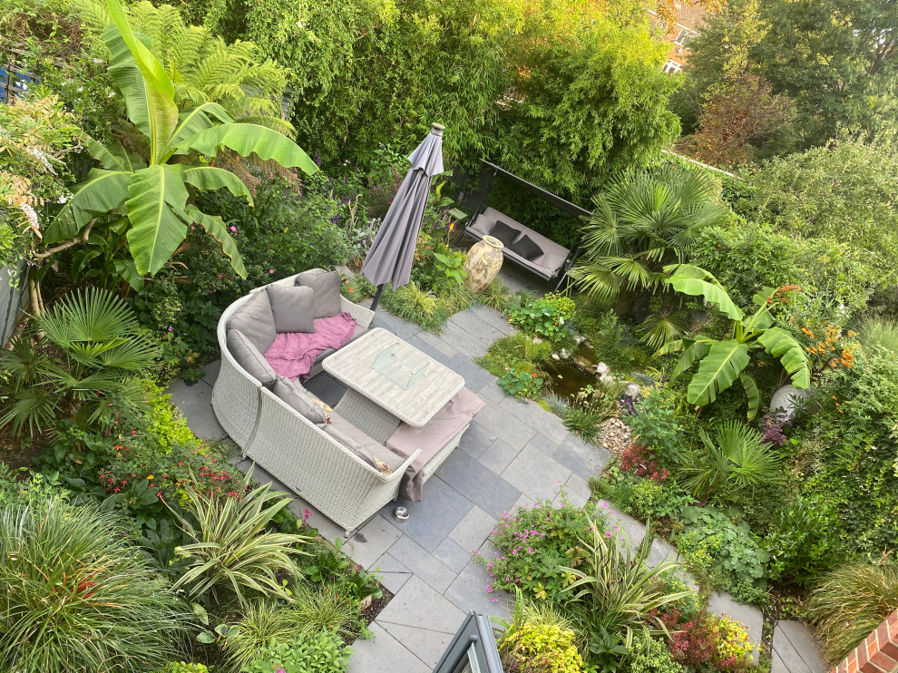 Exemple d'un jardin arrière exotique de taille moyenne et l'été avec un bassin, une exposition ensoleillée, des pavés en pierre naturelle et une clôture en bois.