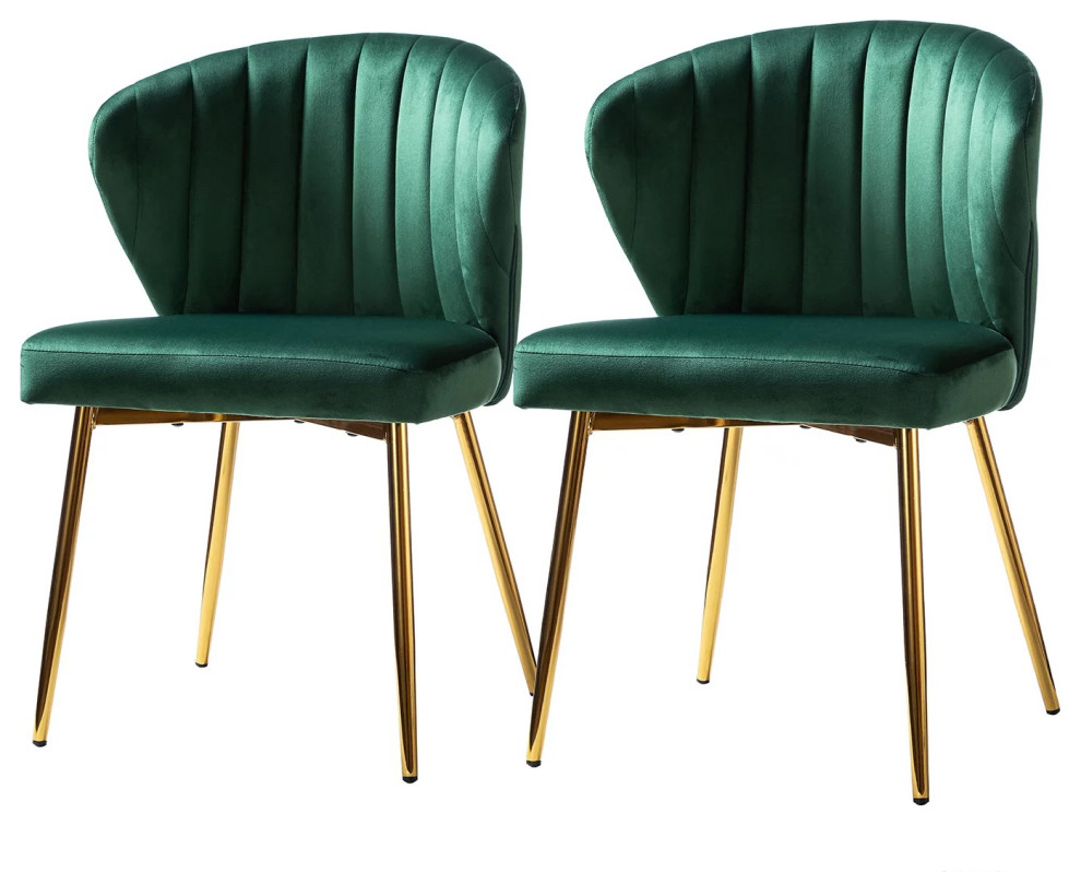 4 Pack Dining Chair, Elegant Gold Legs With Velvet Seat Channeled Back, Green