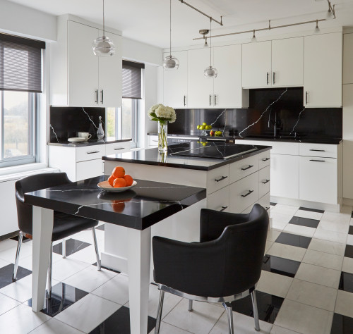 black quartz countertops and white cabinets