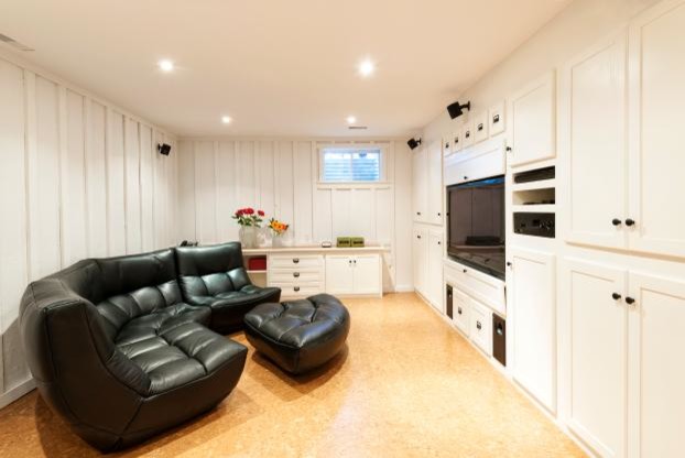 Basement - craftsman basement idea in Calgary with no fireplace