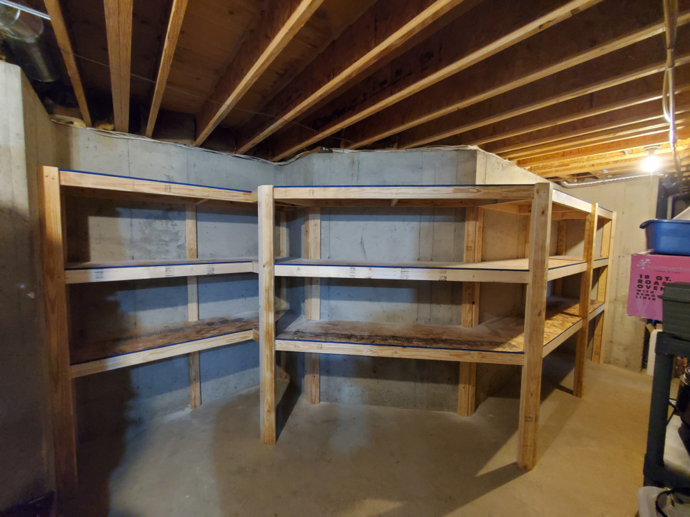 Custom rough finish storage shelving in basement