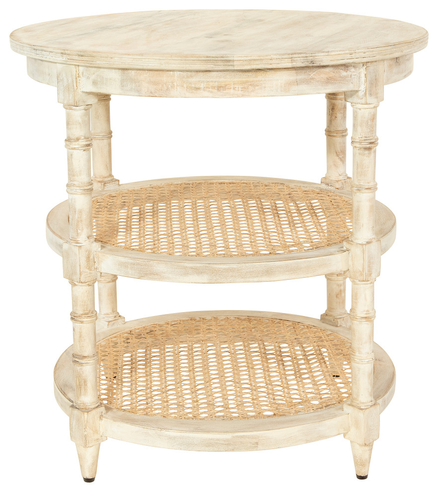 Round Mango Wood Table With 2 Cane Shelves Tropical Side Tables And