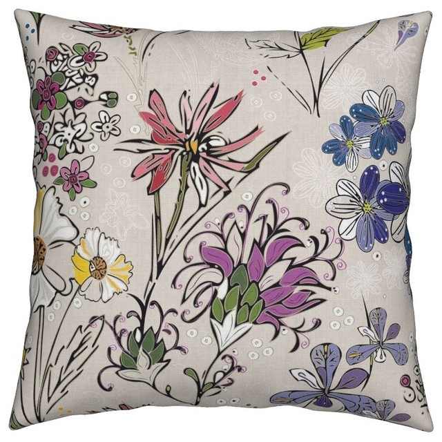 Flower Sketch Botanical Multicolor Throw Pillow Contemporary