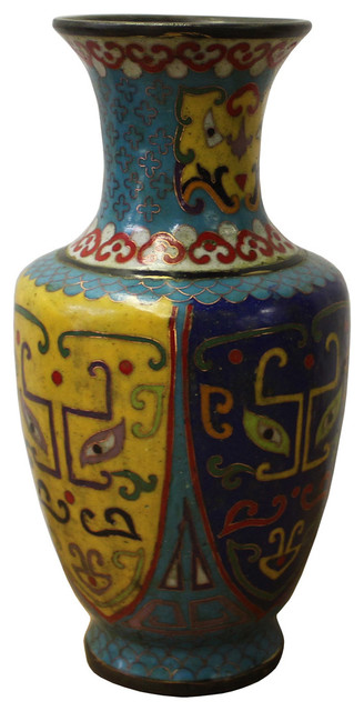 Consigned, Chinese Metal Blue Yellow Enamel Cloisonne Vase Shape Figure
