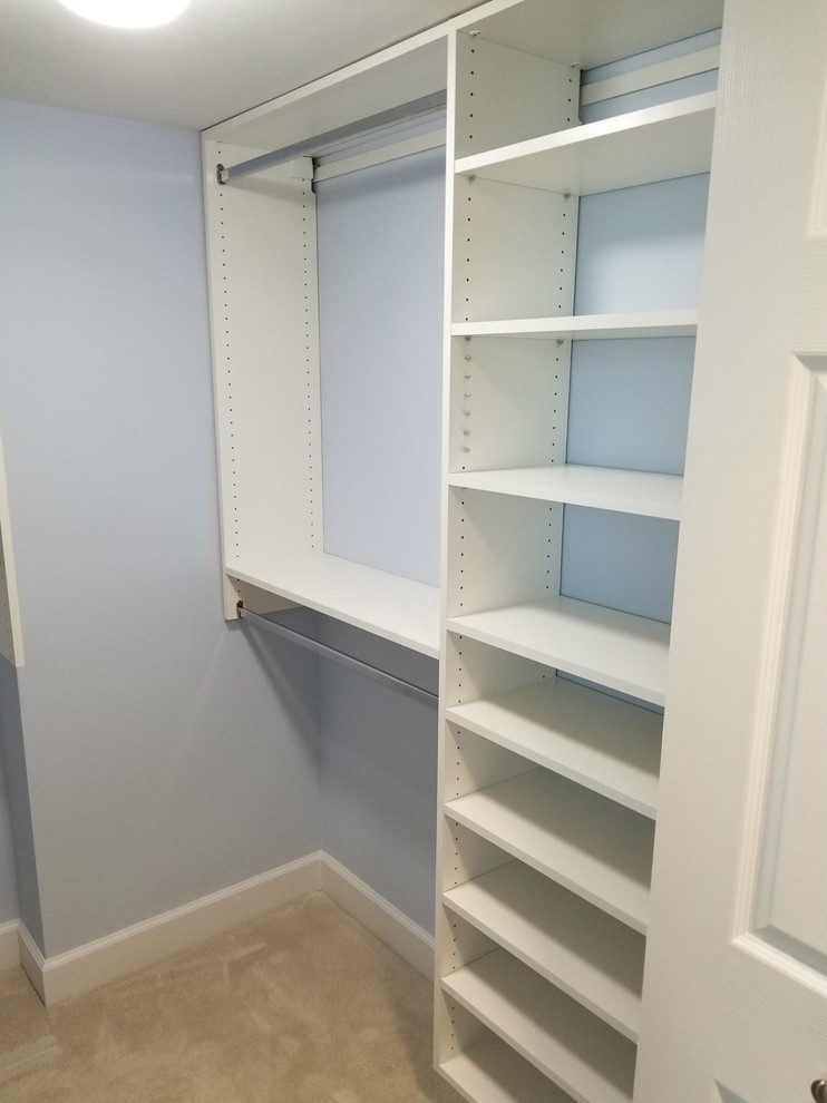 Design ideas for a mid-sized contemporary gender-neutral walk-in wardrobe in Other with open cabinets and white cabinets.